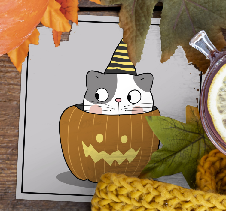Halloween coaster cat in pumpkin hat - TenStickers