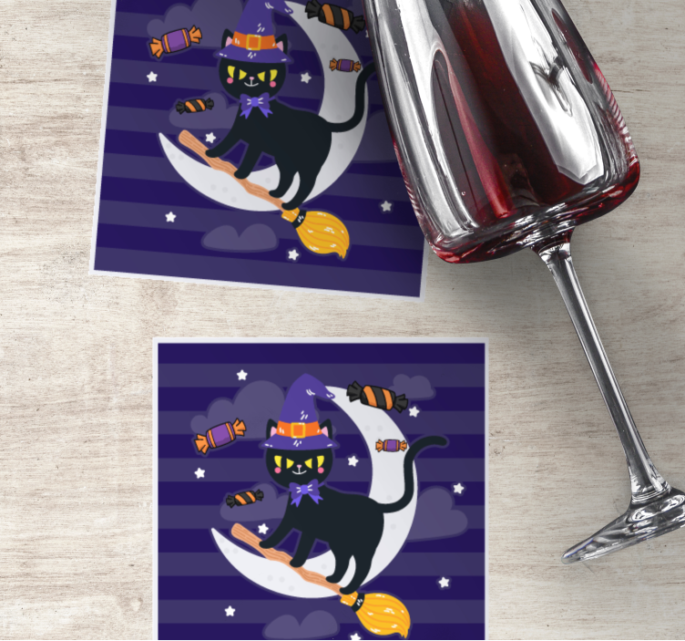 Halloween coaster witch cat on broom - TenStickers