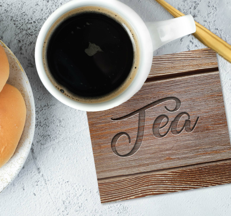 Text coasters with wooden texture beverage labels - TenStickers