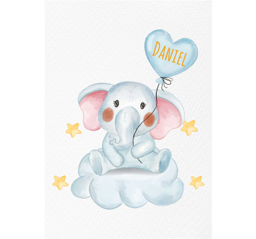 Cute Elephant Drawing With Balloon Custom Name Nursery Poster - TenStickers