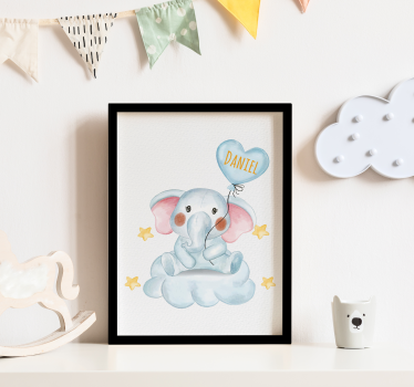 Cute Elephant Drawing With Balloon Custom Name Nursery Poster - TenStickers