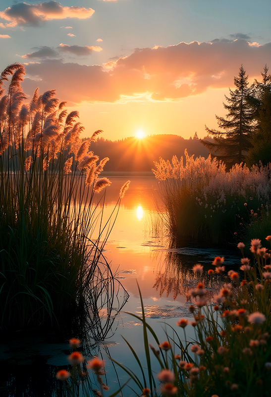 Sunset over the lake photo realistic poster - TenStickers