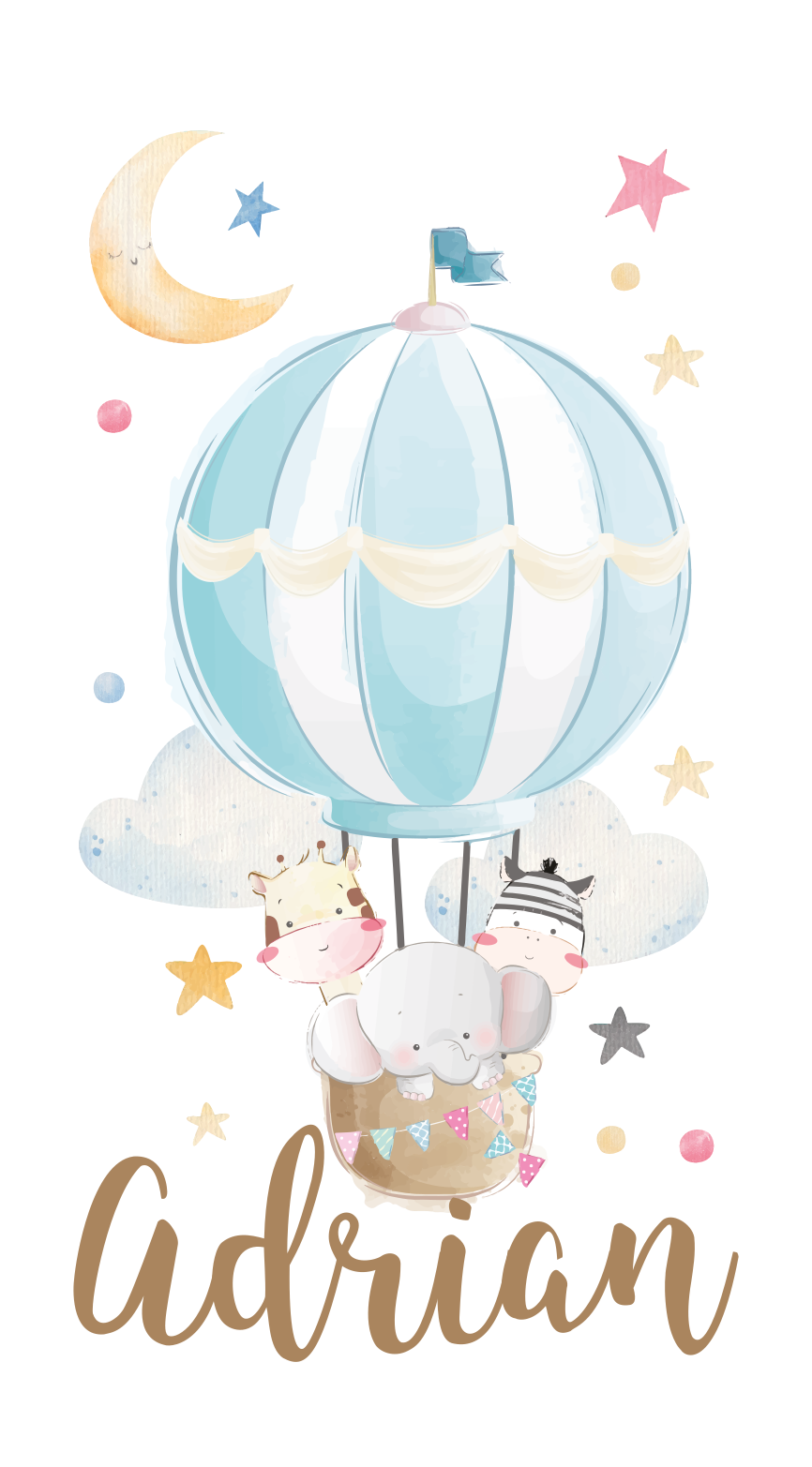 Nursery poster featuring three animals on balloons with stars and - TenStickers
