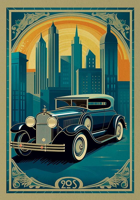 Vintage car downtown poster - TenStickers
