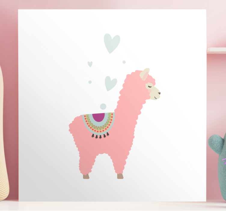 Baby pink lama with hearts animal canvas wall art - TenStickers