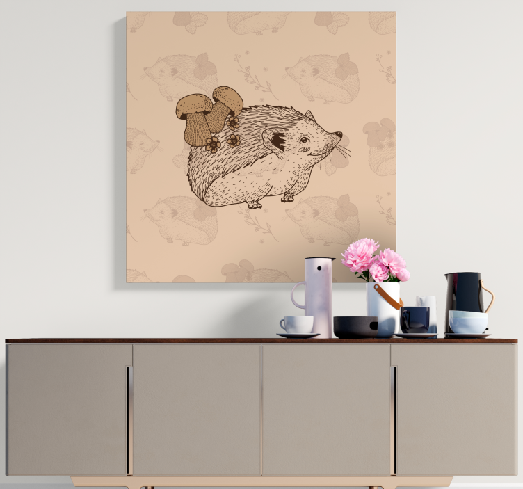 Beige hedgehog with mushrooms animal canvas wall art - TenStickers