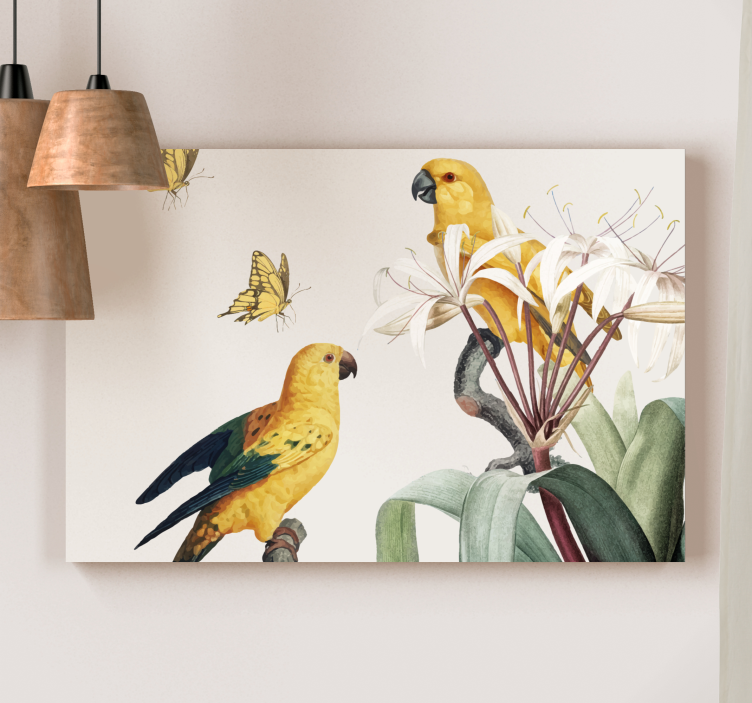 Flowers canvas yellow parrots and butterflies - TenStickers