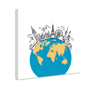 Landmark icons world map art canvas - TenStickers