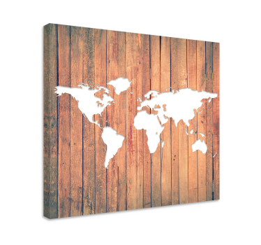 White world map on wood tables wall canvas art - TenStickers