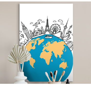 Landmark icons world map art canvas - TenStickers