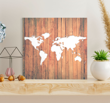 White world map on wood tables wall canvas art - TenStickers
