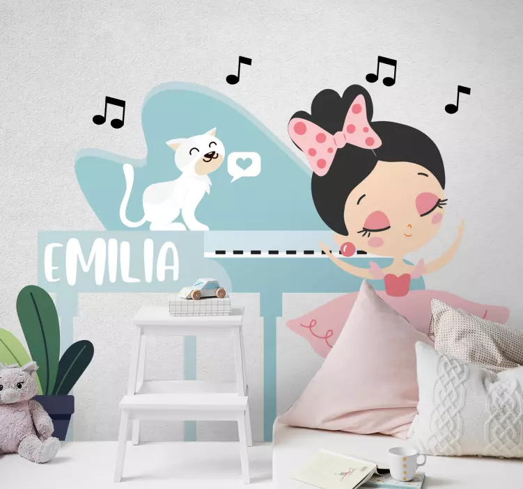 Ballet cat girl with name wall sticker for kids - TenStickers