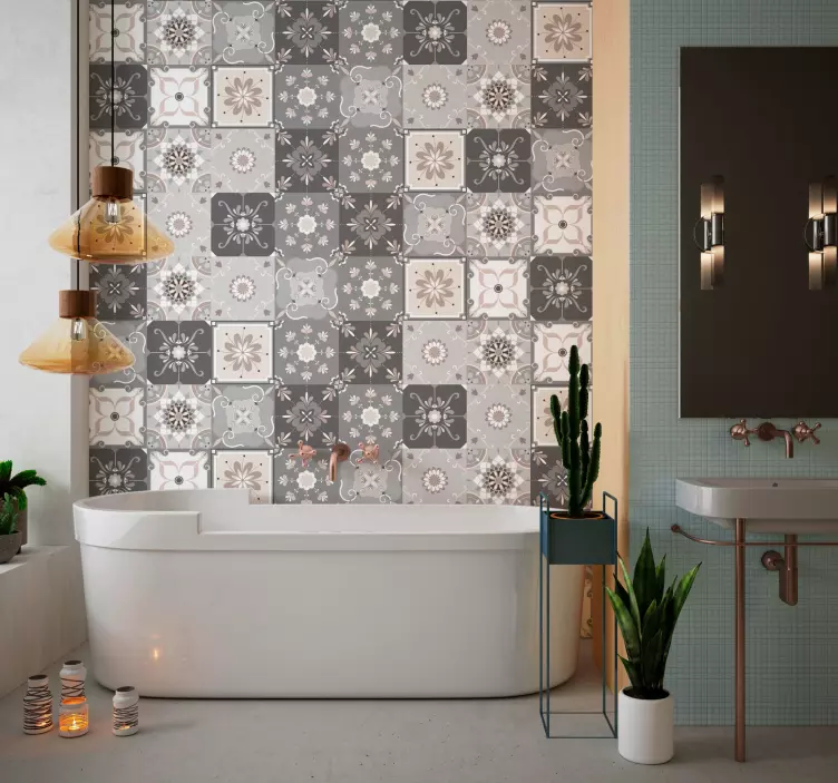 Beige floral ornaments bathroom tile sticker - TenStickers