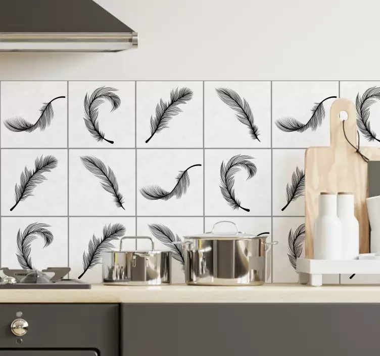 Black feathers kitchen tile sticker - TenStickers