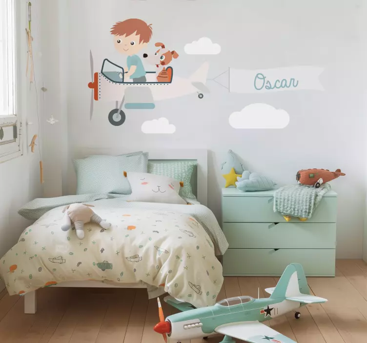 Boy and dog on a plane illustration sticker - TenStickers