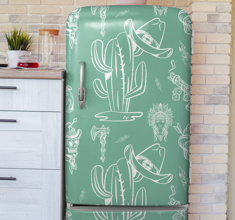 Cactus and hat western pattern fridge vinyl wrap cowboy - TenStickers