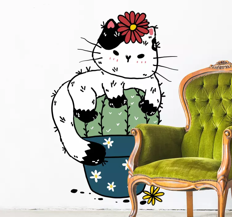 Cactuses and a cat flower wall decal - TenStickers