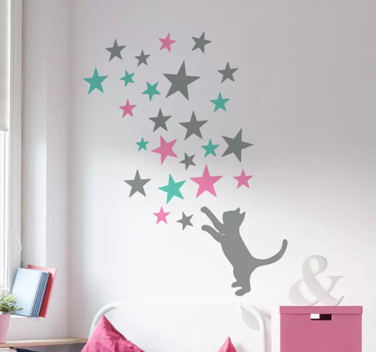 Set of stars with playful cat wall sticker for bedroom - TenStickers