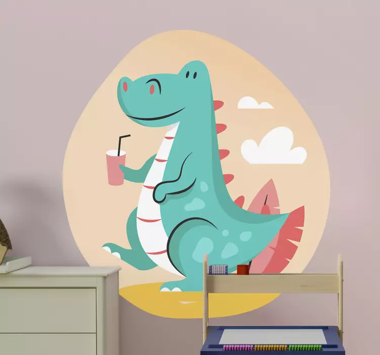 Cheerful Dinosaur Enjoying Beverage wall sticker for kids - TenStickers