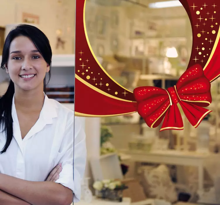 Red ribbon Christmas shop window sticker - TenStickers