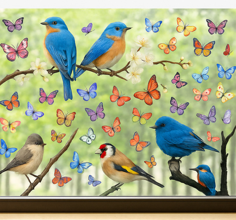 Colorful flowers and birds window sticker - TenStickers