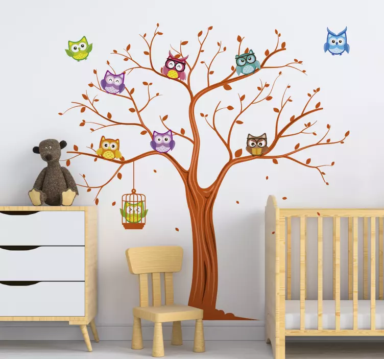 Colourful owls on a tree wall sticker for kids - TenStickers