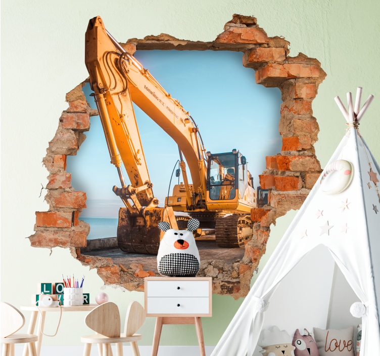 Damaged wall featuring three excavators 3D wall sticker - TenStickers
