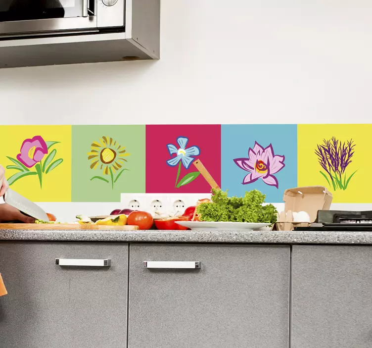Multi-color flower patten kitchen tile sticker - TenStickers