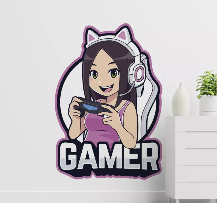 Gamer anime girl illustration sticker - TenStickers