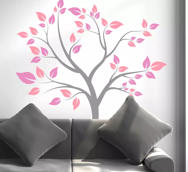 Gray tree with pink leafs living room wall sticker - TenStickers