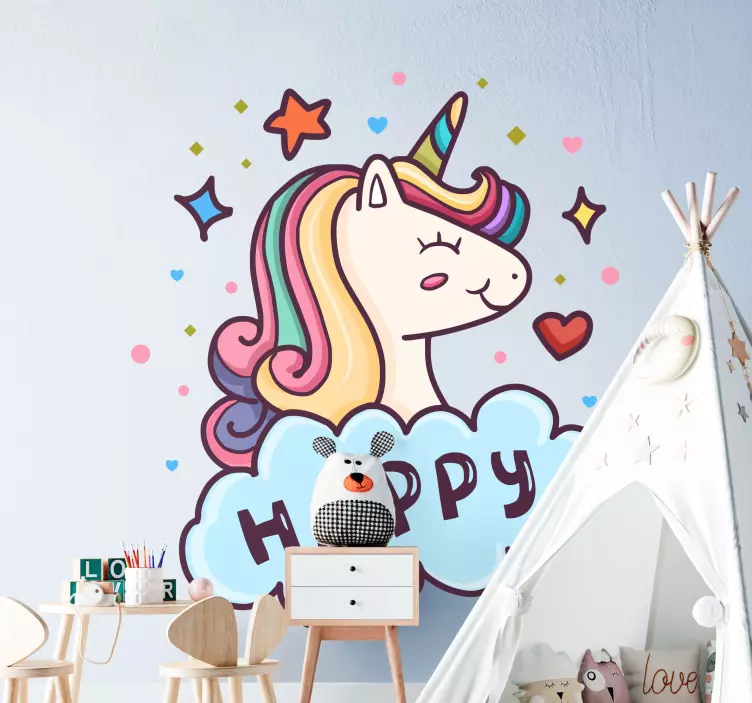 Happy Unicorn Illustration wall sticker for kids - TenStickers