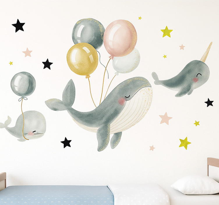 Happy whales with balloons wall sticker for kids - TenStickers