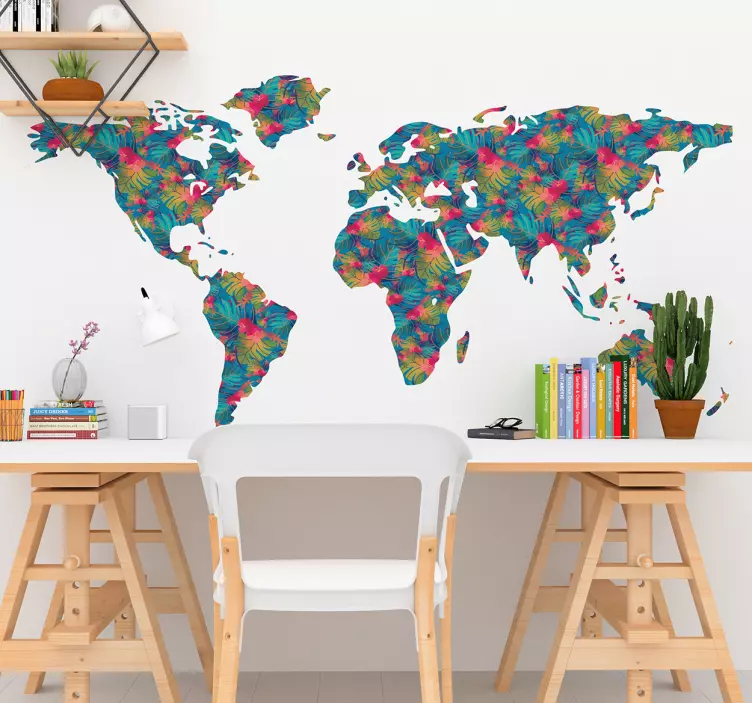Jungle Pattern World Map Wall Sticker - TenStickers