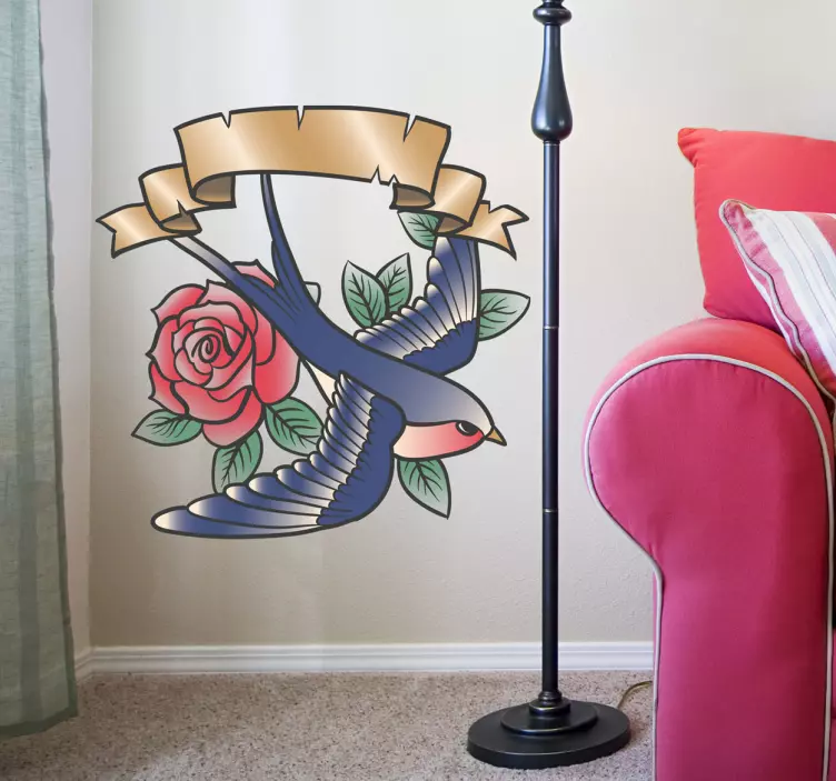 Pink Bird With Flower Wall Sticker for Bedroom - TenStickers