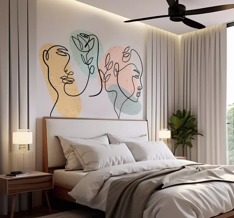 Line art women's faces wall sticker for bedroom - TenStickers
