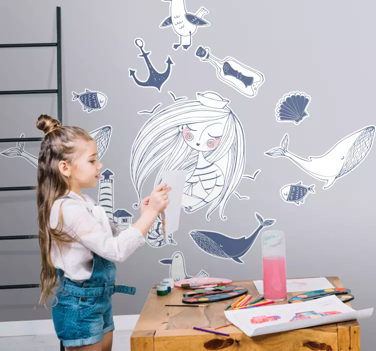 Mermaid and sea creatures wall sticker for kids - TenStickers