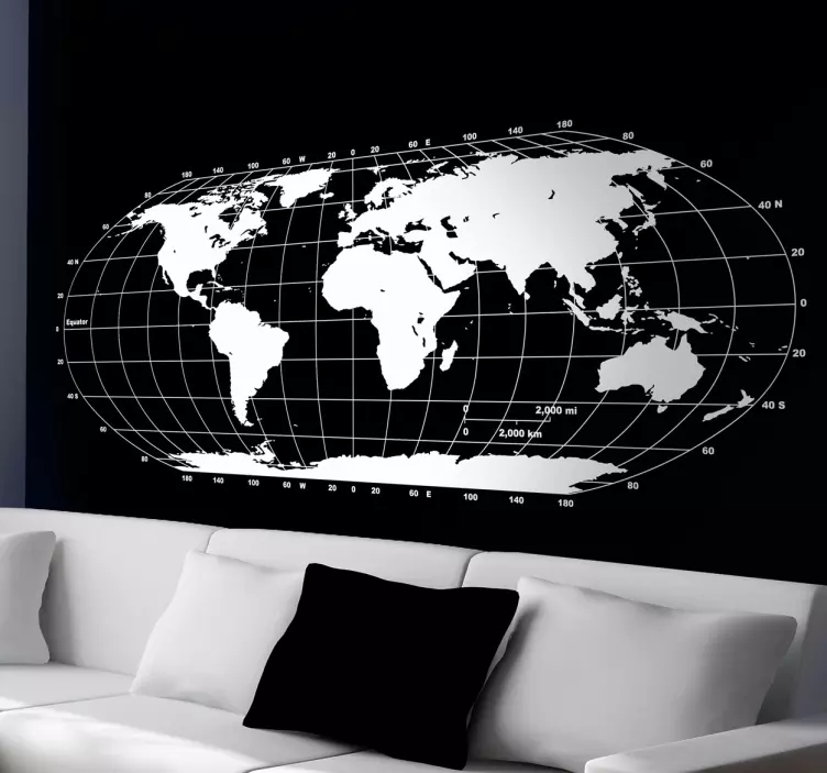 Monochrome World Map Wall Sticker - TenStickers