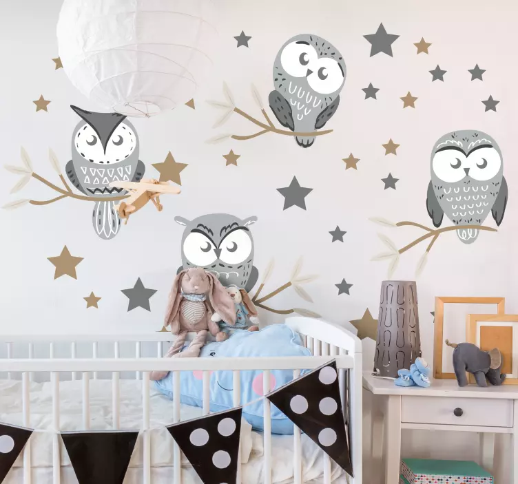 Nordic baby owls with stars animal wall stickers - TenStickers