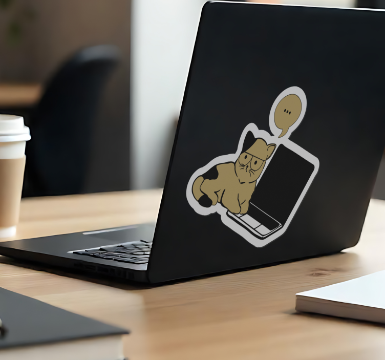 Brown cat thinking laptop sticker - TenStickers