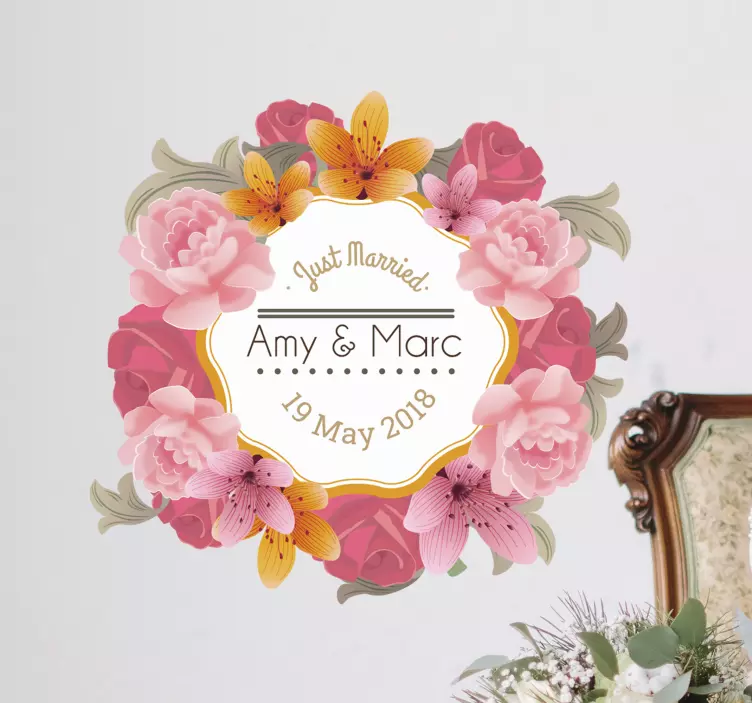 Personalised  Wedding frame flower wall Sticker - TenStickers