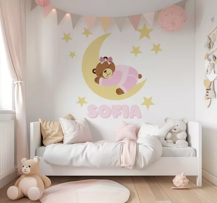Pink happy dreams bear with name illustration sticker - TenStickers