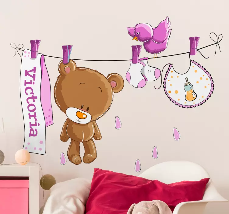 Pink Kids Wet Bear Wall Sticker - TenStickers
