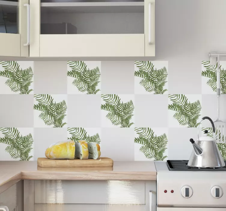Green leaves kitchen plant wall sticker Tile - TenStickers