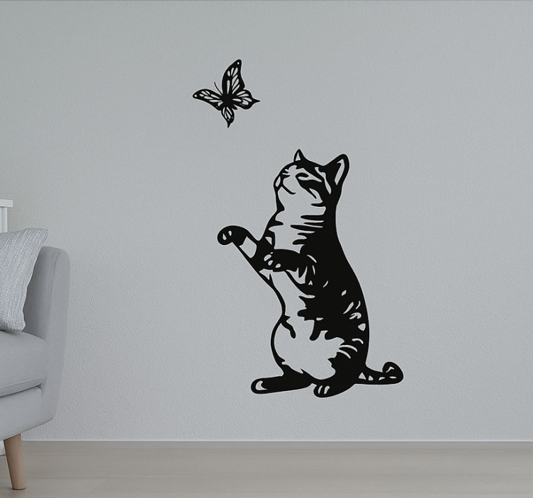 Playful cat with butterfly living room wall sticker - TenStickers