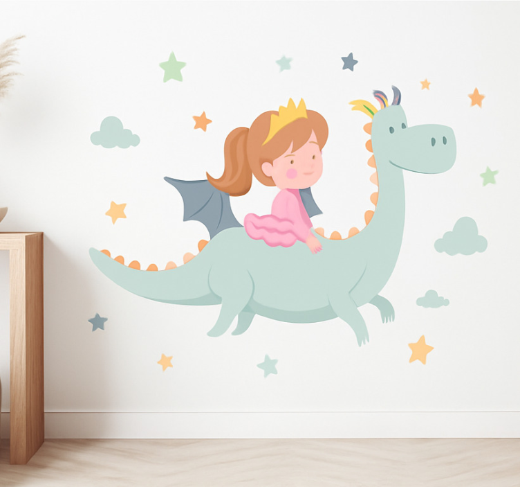 Princess on a dragon wall sticker for kids - TenStickers