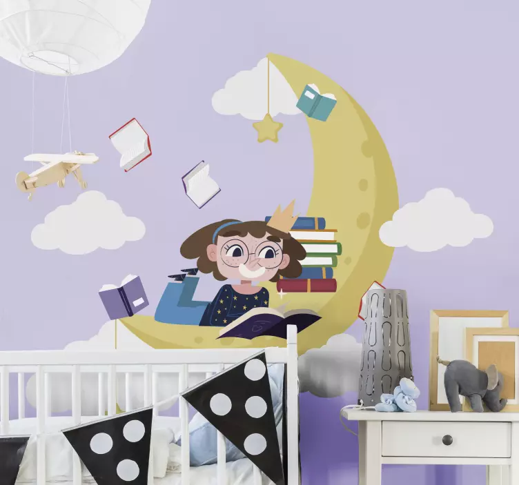 Reading girl moon wall sticker for kids - TenStickers
