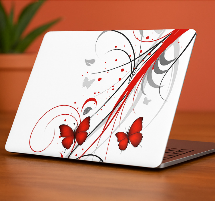 Red floral butterflies  laptop sticker - TenStickers