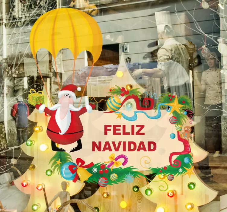 Santa with parachute christmas shop window sticker - TenStickers