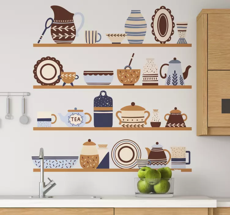 Shelvings with crockery cutlery kitchen wall sticker - TenStickers