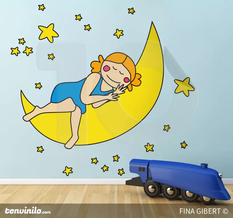 Sleeping girl On Moon wall sticker for kids - TenStickers